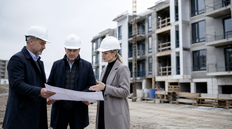 Construction leaders reviewing project plans at a multifamily job site