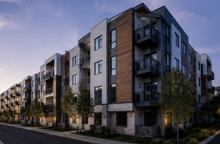 Modern multifamily apartment community with balconies and landscaped streets at dusk