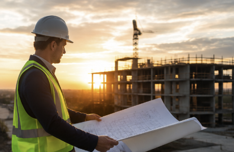 Construction professional reviewing project plans beside an active building site at sunset