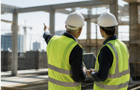 Two construction leaders in hard hats reviewing progress inside an active building project