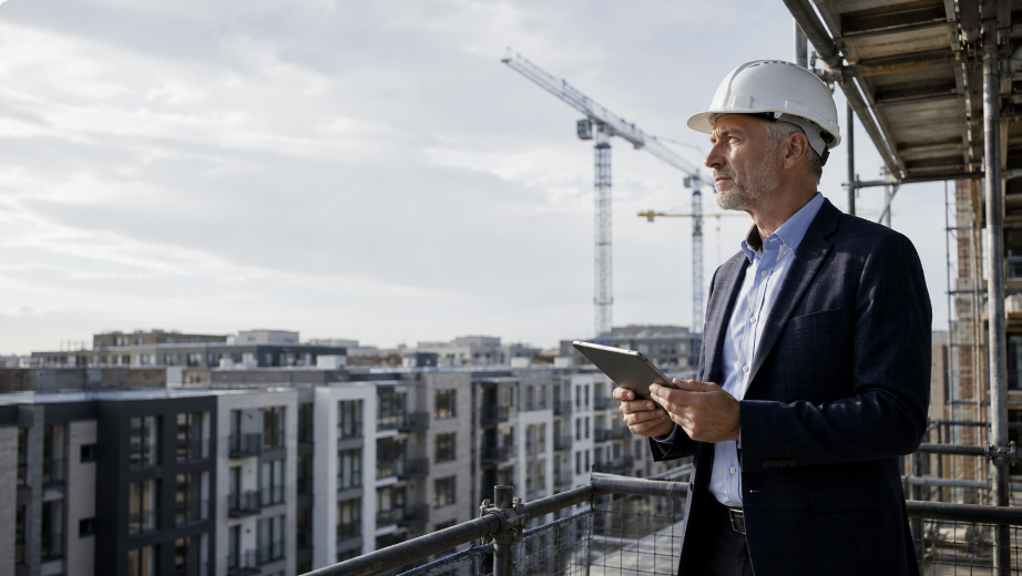 Construction executive holding a tablet overlooking a multifamily apartment project