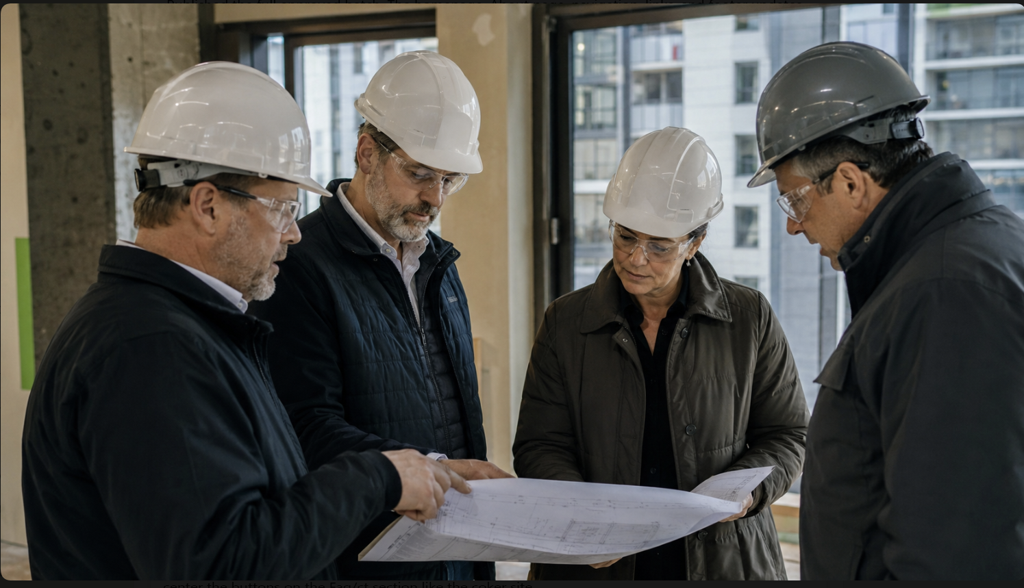 General and renovation contractors in hard hats reviewing building plans.
