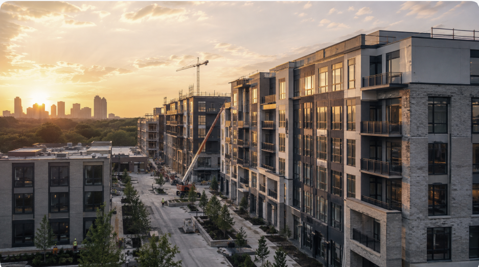High-end multifamily apartment community under construction at sunset
