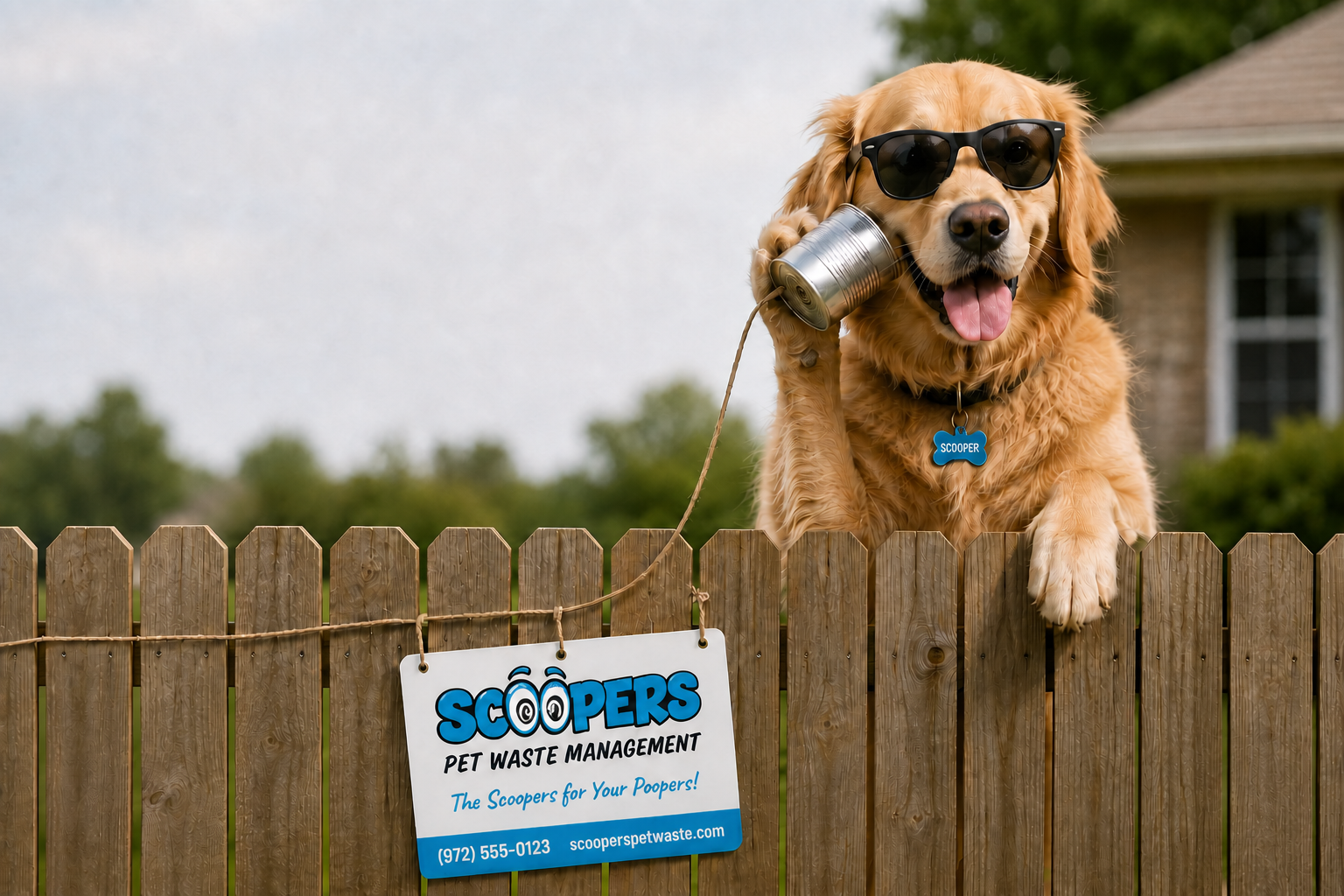 A friendly golden retriever using a tin-can phone beside a Scoopers yard sign
